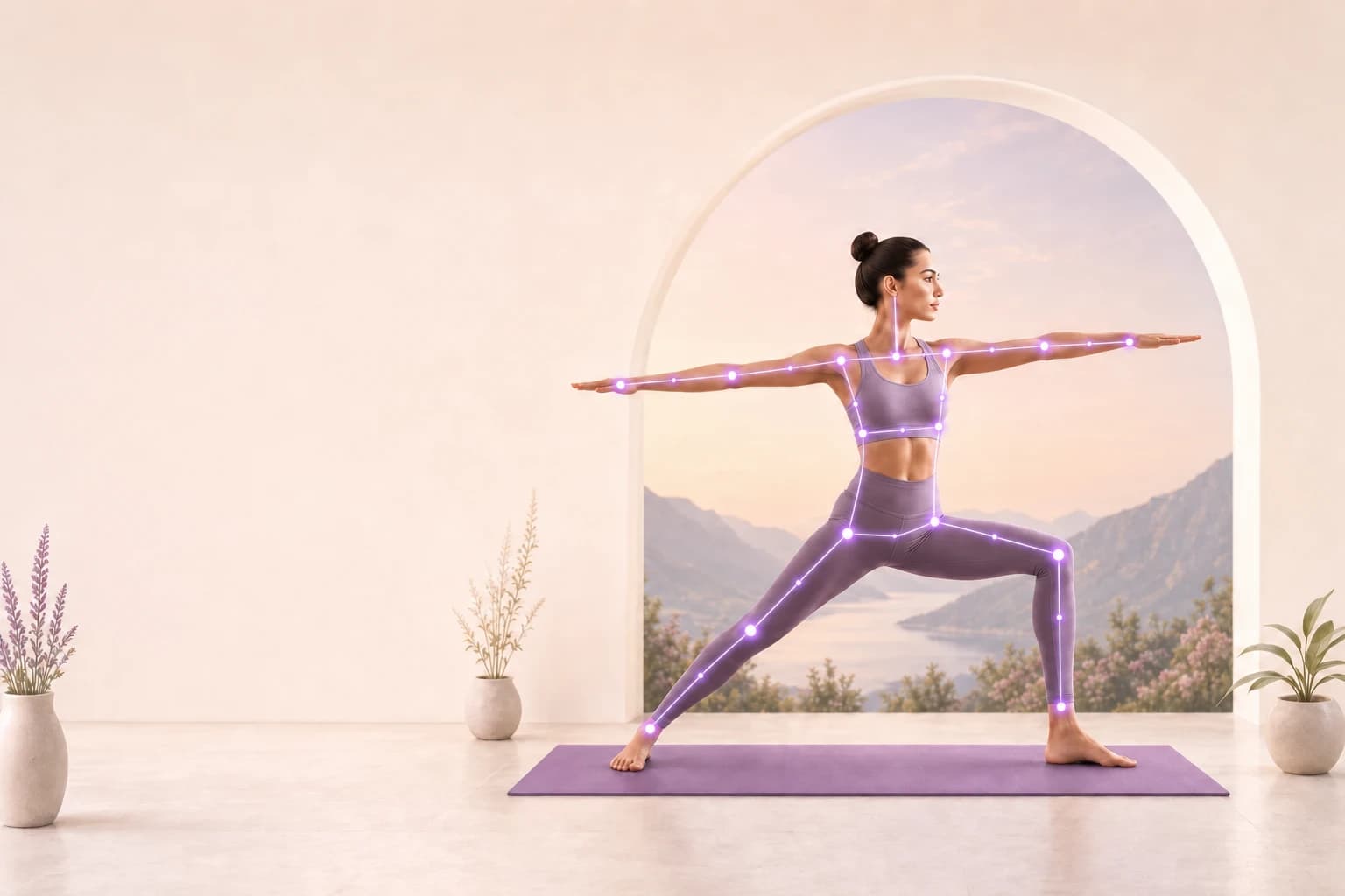 Woman practicing Warrior II in a serene yoga studio